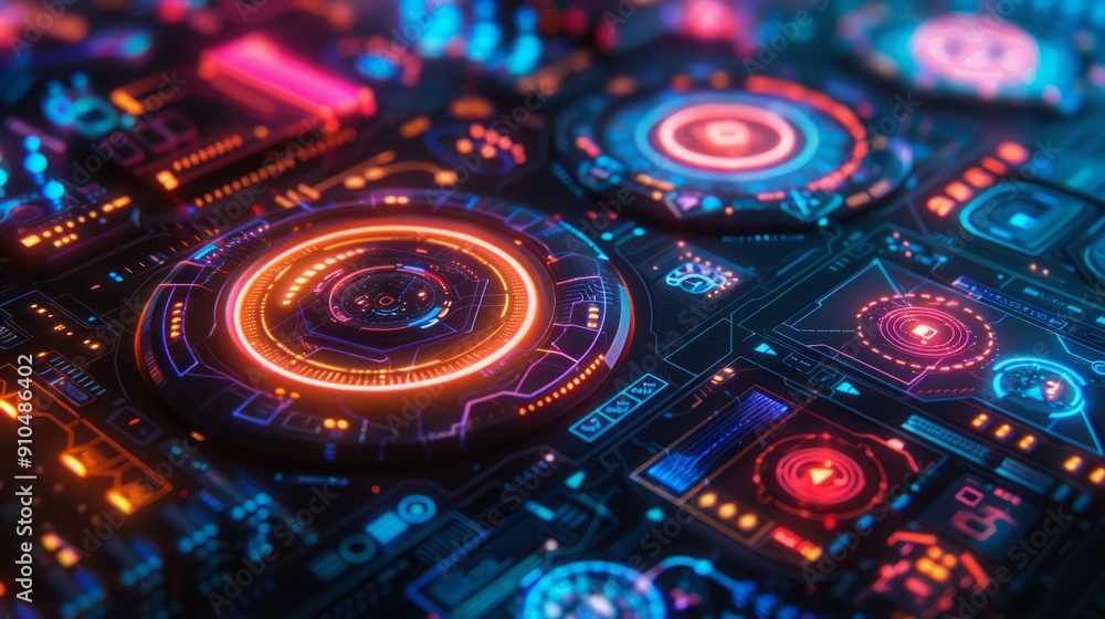 Poster futuristic tech interface with colorful circles and data patterns