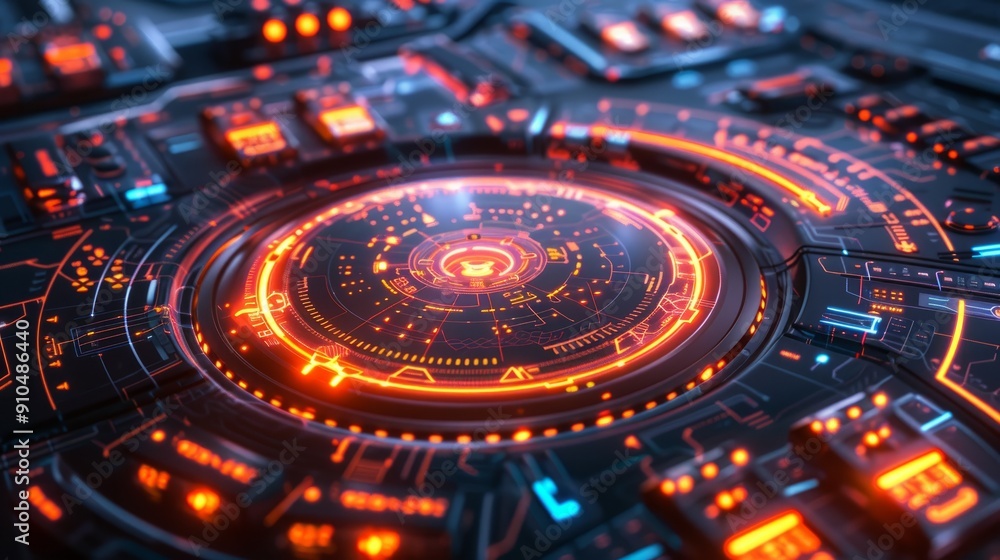 Aufkleber futuristic tech interface with bright glowing circles and dynamic patterns