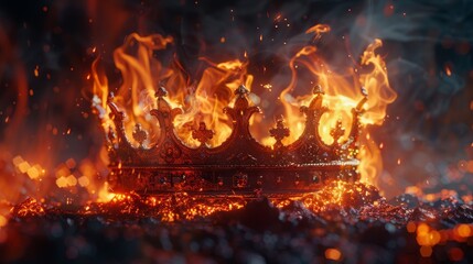 Flames and smoke engulfing a medieval crown surrounded by burning embers