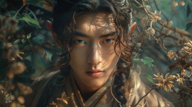 Handsome asian elf man in a mythical fantasy forest surrounded by flowers