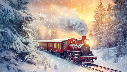 Retro Train Journey Through a Snow-Covered Pine Landscape