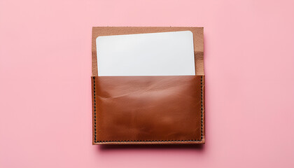 Leather business card holder with blank cards on pink background, top view