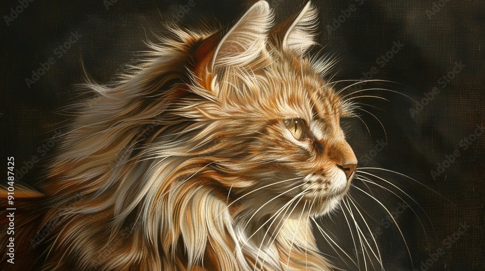 Poster a focused image of a feline's countenance on a dark canvas with an indistinct depiction of its visag
