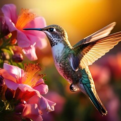 Fototapeta premium Hummingbird Hovering Near Flowers