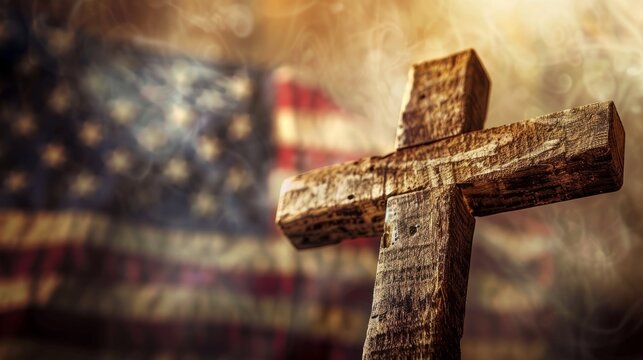 Christian cross against american flag symbolizing faith and patriotism