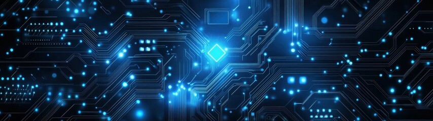 Abstract Blue Circuit Board with Glowing Lights