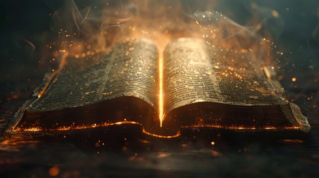 Open bible showing text from the book of genesis with glowing effects