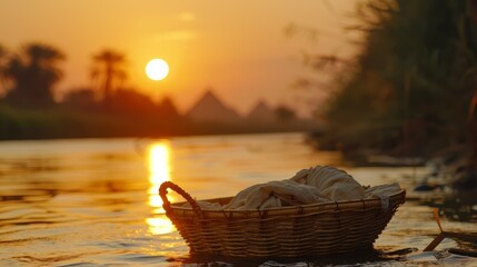 Baby moses floating in a basket on the river at sunset near pyramids