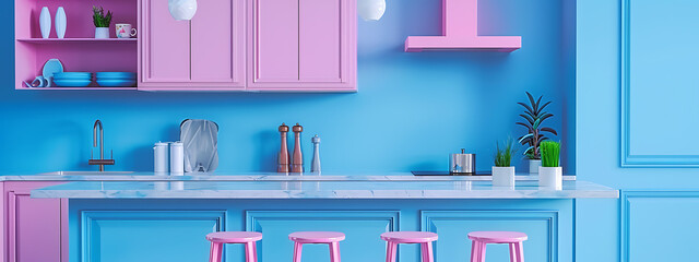 Pink and blue kitchen design, modern minimalist style, fresh and clean, perfect for a stylish home. 

