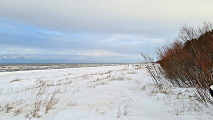 Snow covered seashore on cold winter day and gray clouds throughout the sky