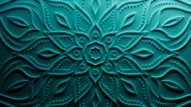 Diwali Concept featuring a Turquoise 3D Mandala Flower. Festival Background. 3D Render.