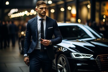 A confident businessman in a stylish black suit standing next to a luxurious car, exuding success and determination as he looks ahead with a strong and focused gaze.