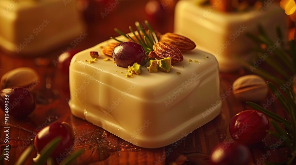 Aufkleber a slice of cake resting atop a wooden table amidst an array of nuts and other cuisine