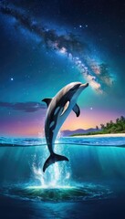 In a surreal cosmic scene, a dolphin soars through the air against a stunning backdrop of a galaxy-filled night sky, as the ocean glistens under the warm hues of dusk