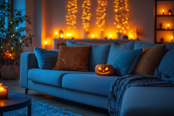 A living room beautifully decorated for Halloween, featuring pumpkins, candles, cobwebs, and spooky lights, creating a festive and eerie ambiance. The cozy indoor setting is enhanced with Halloween