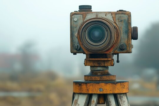 A geodesic theodolite in use, with a blurred background