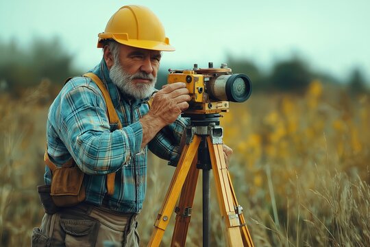 Surveyor or engineer working with theodolite on the field - Powered by Adobe