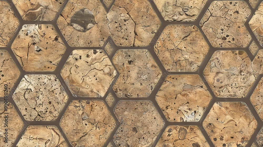 Poster a close-up of a wooden and cement hexagonal pattern with small holes centered in each hexagon