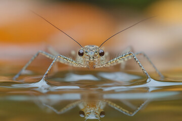 Close-Up of a Water Strider on a Pond Surface: Capturing the tension on the water.