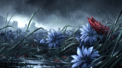  A picture of blue and red blossoms in a meadow with a metropolis in the distance, depicted under precipitation
