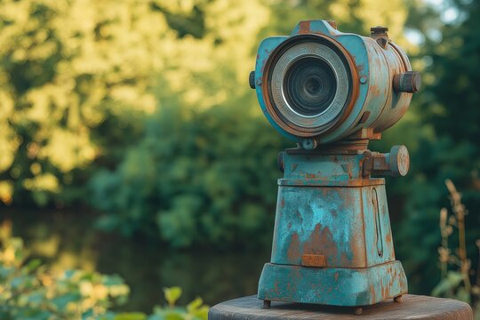 A geodesic theodolite in use, with a blurred background