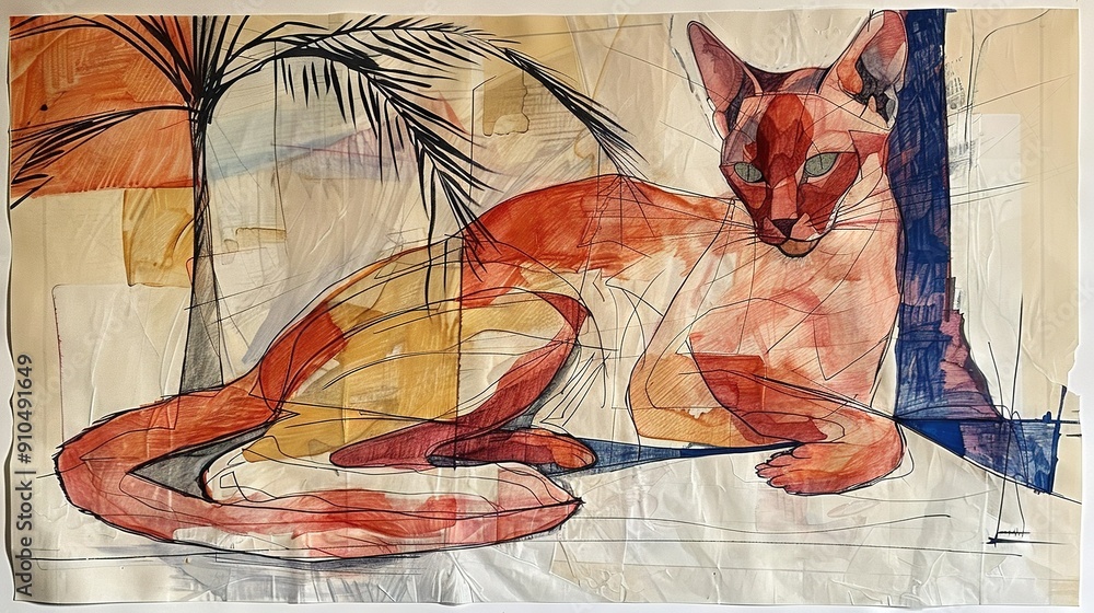 Poster a sketch of a feline resting beside a palm on a taped sheet of paper affixed to a wall