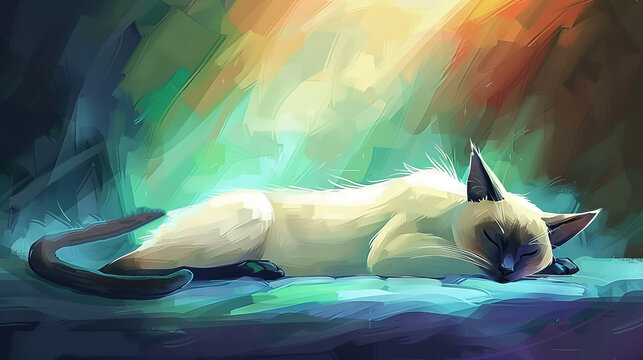   A painting of a cat napping on a bed beneath a radiant rainbow light illuminating its head