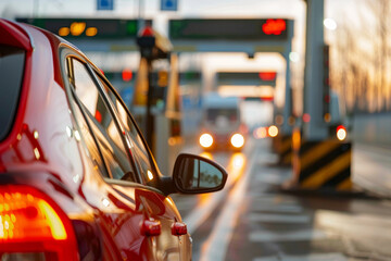 A red car approaching a toll booth on a highway during sunset with blurred lights in the background