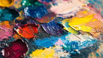 Fototapeta premium Close-up of vibrant oil paint strokes on an artist's palette.