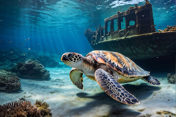 Fototapeta premium Sea Turtle Swimming Near Shipwreck