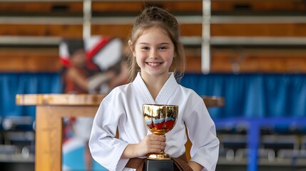 Girl in karate uniform holding a trophy in a gym