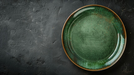 Empty classic green plate on dark rough table surface. Top view, with copy space.