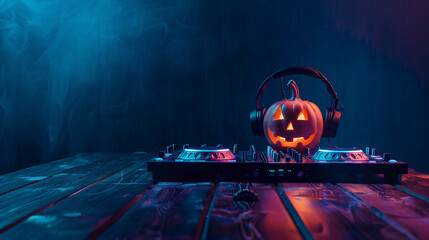 Halloween pumpkin on dj table with headphones on dark background with copy space. Happy Halloween.