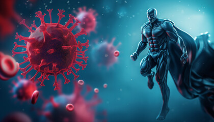 Superhero Battling Virus in Futuristic Scene