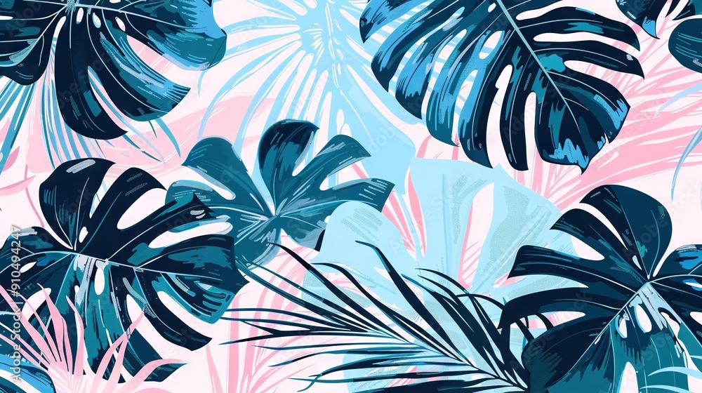 Poster a vibrant wallpaper featuring blue and pink palms against a backdrop of pink and blue with accent co