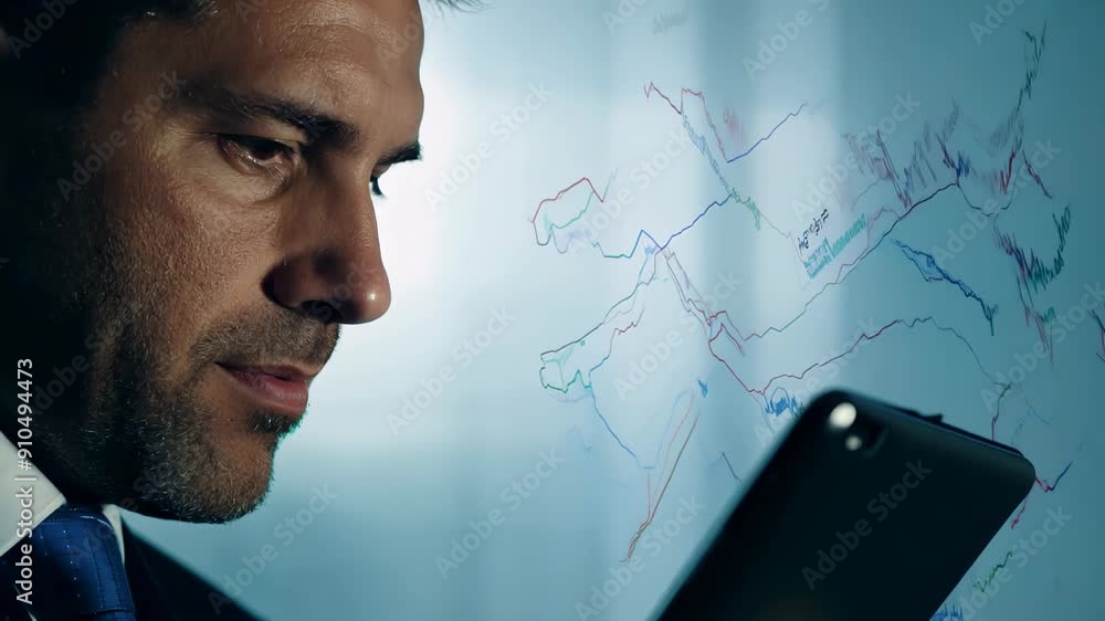 Aufkleber a young man in a suit works at a computer. lines of code are visible on the screen. the background i