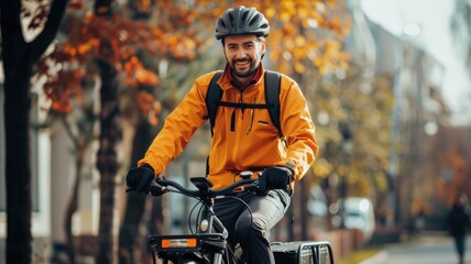 A postal worker delivering mail on an electric bike, promoting eco-friendly delivery methods