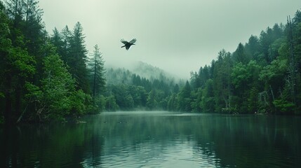 Obraz premium Bird flies over water in forest with foggy sky