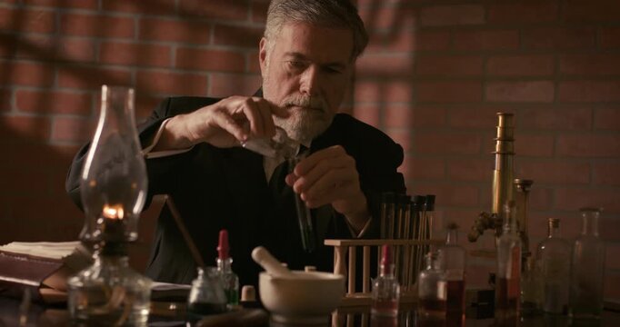 vintage scientist mixing chemicals in his lab
