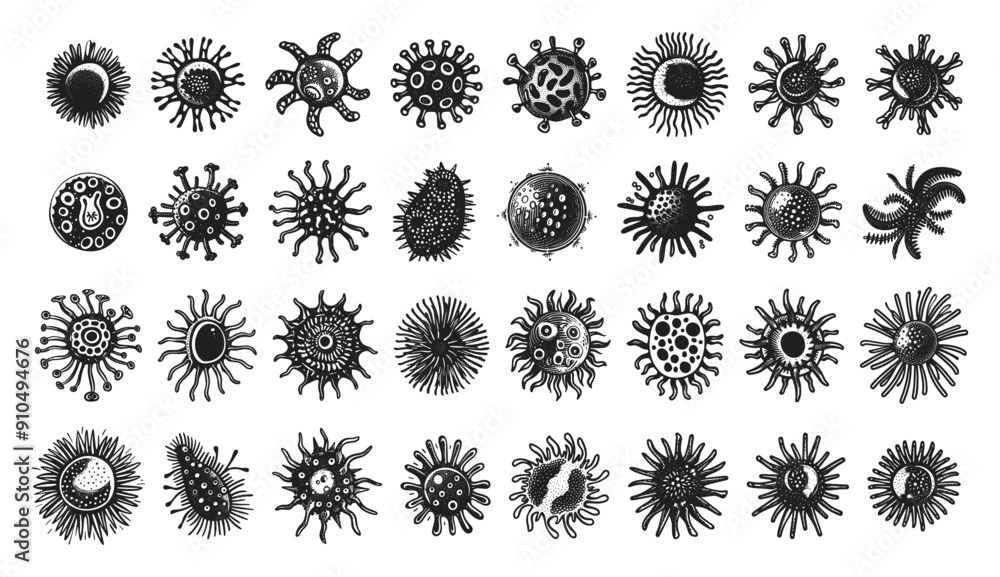 Poster viruses different types linocut print style icons set neat thick strokes and shapes black on white b