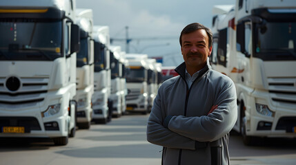 Fototapeta premium Confident senior truck fleet owner or driver standing proudly in front of his trucks.
