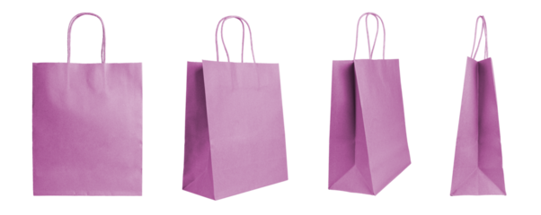 Set of different angles blank pink craft paper bags isolated on white, transparent background. Eco friendly shopping bag made from recycled paper, recycling concept. Mockup, template, copy space