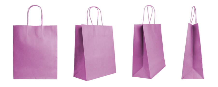 Set of different angles blank pink craft paper bags isolated on white, transparent background. Eco friendly shopping bag made from recycled paper, recycling concept. Mockup, template, copy space
