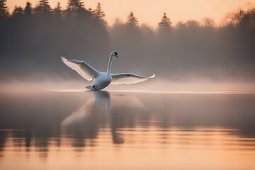 swan cygnus lake mute mist gliding olor covered dawn cygnet serene white bird alone beige calm gentle away single glide love moving mystical nature parkland peace quiet reflections rest still sunrise