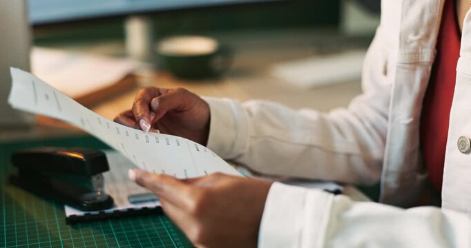 Hands, woman and paper or invoice in office for calculating bills and charges for small business. Female person, employee and document with budget or checklist for debt, account and finance report
