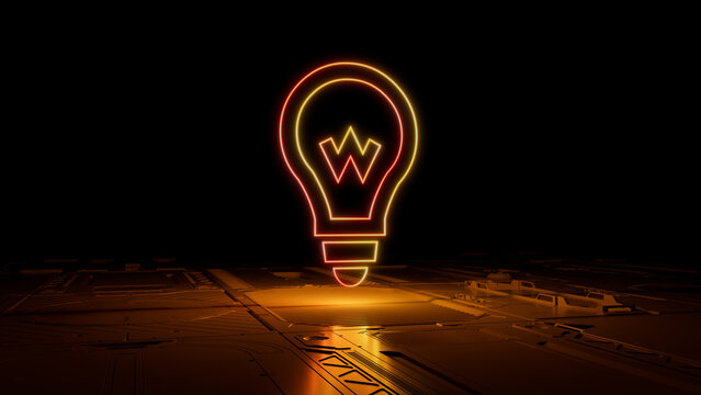 Orange and Yellow Innovation Technology Concept with lightbulb symbol as a neon light. Vibrant colored icon, on a black background with high tech floor. 3D Render