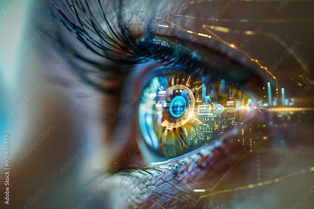Aufkleber closeup of human eye with future augmented reality contact lenses showing a futuristic user interfac