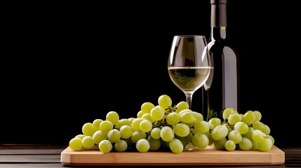 Obraz premium A glass of white wine sits beside a bottle on a wooden table, accompanied by fresh grapes and green leaves, creating a serene atmosphere