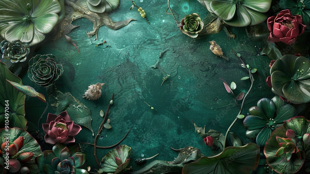 Poster a photo showcasing various blooms and foliage against a verdant backdrop with flowers and greenery c