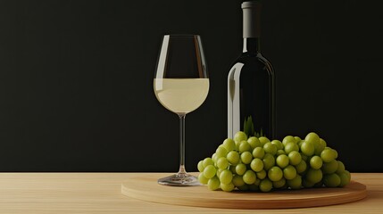 Fototapeta premium A glass of white wine sits beside a bottle on a wooden table, accompanied by fresh grapes and green leaves, creating a serene atmosphere